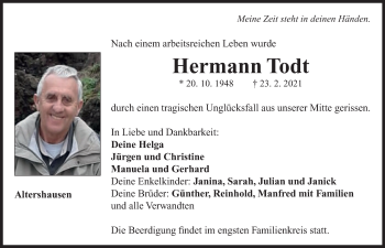 Traueranzeige von Hermann Todt von Neustadt/ Scheinfeld/ Uffenheim