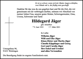 Traueranzeige von Hildegard Jäger von Rothenburg