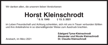 Traueranzeige von Horst Kleinschrodt von Ansbach