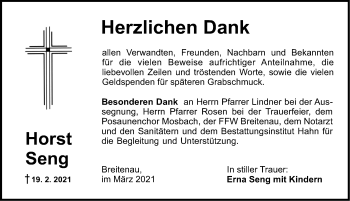 Traueranzeige von Horst Seng von Dinkelsbühl/ Feuchtwangen