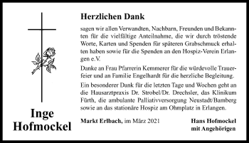 Traueranzeige von Inge Hofmockel von Neustadt/ Scheinfeld/ Uffenheim