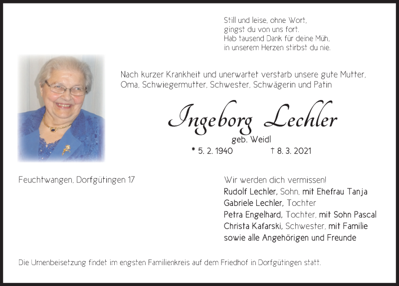  Traueranzeige für Ingeborg Lechler vom 27.03.2021 aus Dinkelsbühl/ Feuchtwangen