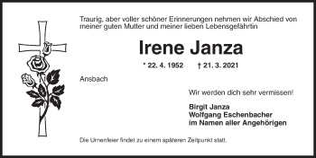 Traueranzeige von Irene Janza von Ansbach