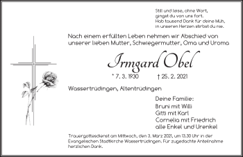 Traueranzeige von Irmgard Obel von Dinkelsbühl/ Feuchtwangen