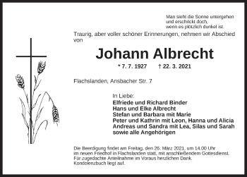 Traueranzeige von Johann Albrecht von Ansbach