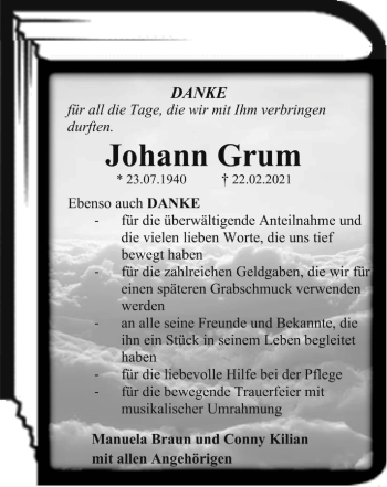 Traueranzeige von Johann Grum von Rothenburg