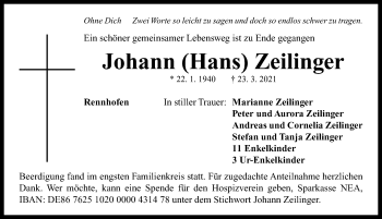 Traueranzeige von Johann  Zeilinger von Neustadt/ Scheinfeld/ Uffenheim