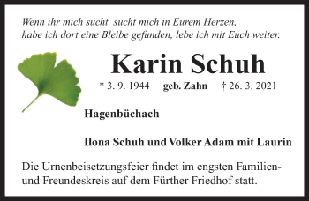 Traueranzeige von Karin Schuh von Neustadt/ Scheinfeld/ Uffenheim