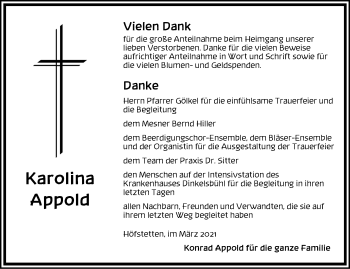 Traueranzeige von Karolina Appold von Dinkelsbühl/ Feuchtwangen