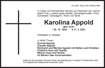 Traueranzeige von Karolina Appold von Dinkelsbühl/ Feuchtwangen