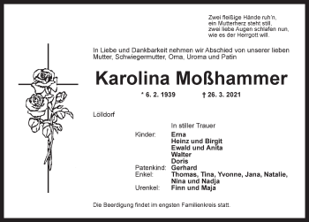 Traueranzeige von Karolina Moßhammer von Dinkelsbühl/ Feuchtwangen