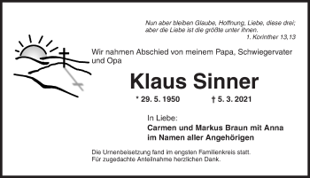 Traueranzeige von Klaus Sinner von Ansbach