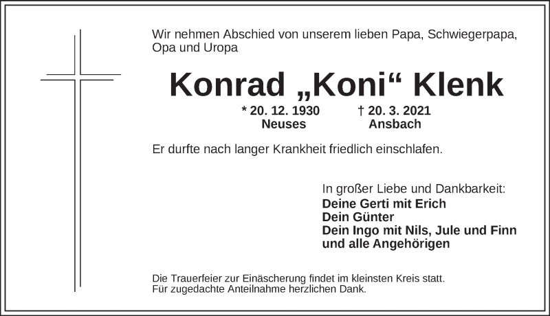  Traueranzeige für Konrad Klenk vom 23.03.2021 aus Ansbach