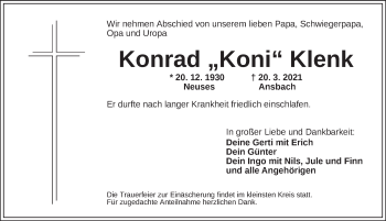 Traueranzeige von Konrad Klenk von Ansbach