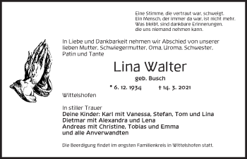 Traueranzeige von Lina Walter von Dinkelsbühl/ Feuchtwangen