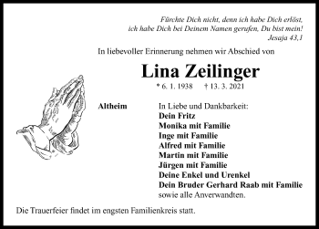 Traueranzeige von Lina Zeilinger von Neustadt/ Scheinfeld/ Uffenheim