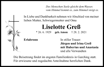 Traueranzeige von Liselotte Greß von Neustadt/ Scheinfeld/ Uffenheim