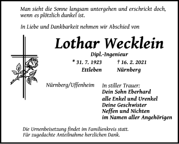 Traueranzeige von Lothar Wecklein von Neustadt/ Scheinfeld/ Uffenheim