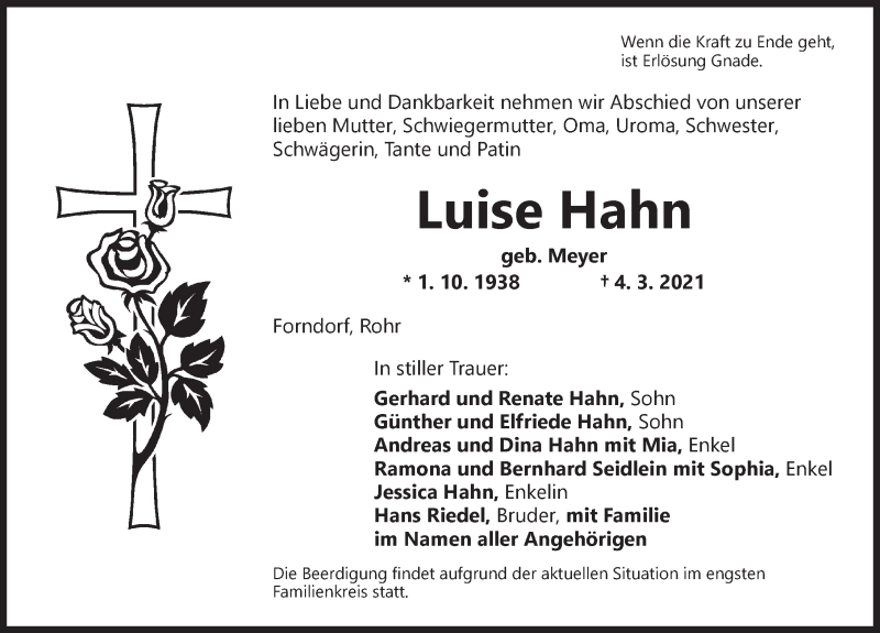  Traueranzeige für Luise Hahn vom 08.03.2021 aus Ansbach