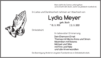 Traueranzeige von Lydia Meyer von Dinkelsbühl/ Feuchtwangen