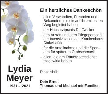 Traueranzeige von Lydia Meyer von Dinkelsbühl/ Feuchtwangen