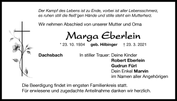 Traueranzeige von Marga Eberlein von Neustadt/ Scheinfeld/ Uffenheim