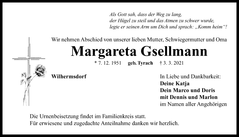  Traueranzeige für Margareta Gsellmann vom 06.03.2021 aus Neustadt/ Scheinfeld/ Uffenheim