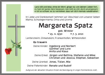 Traueranzeige von Margareta Spatz von Dinkelsbühl/ Feuchtwangen