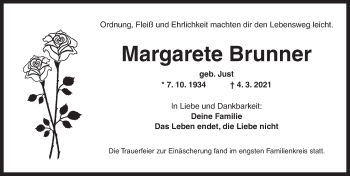 Traueranzeige von Margarete Brunner von Ansbach