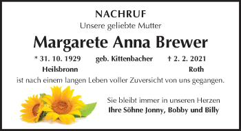 Traueranzeige von Margarete Anna Brewer von Ansbach