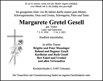 Traueranzeige von Margarete Gretel Gesell von Rothenburg