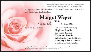 Traueranzeige von Margot Weger von Ansbach