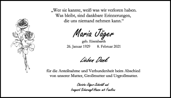 Traueranzeige von Maria Jäger von Rothenburg