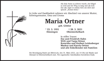 Traueranzeige von Maria Ortner von Dinkelsbühl/ Feuchtwangen