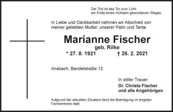Traueranzeige von Marianne Fischer von Ansbach