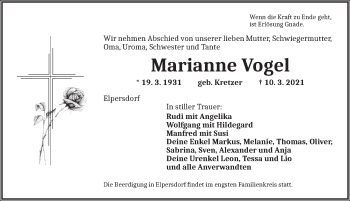 Traueranzeige von Marianne Vogel von Ansbach