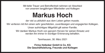 Traueranzeige von Markus Hoch von Dinkelsbühl/ Feuchtwangen