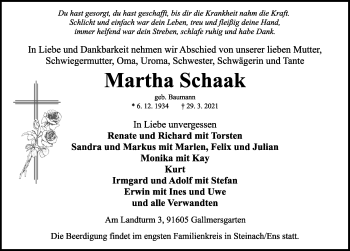 Traueranzeige von Martha Schaak von Rothenburg