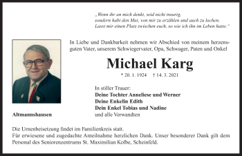 Traueranzeige von Michael Karg von Neustadt/ Scheinfeld/ Uffenheim