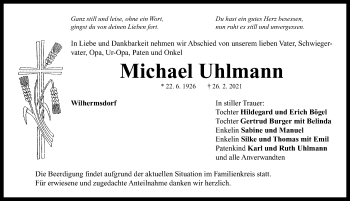 Traueranzeige von Michael Uhlmann von Neustadt/ Scheinfeld/ Uffenheim