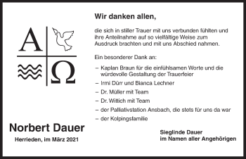 Traueranzeige von Norbert Dauer von Ansbach