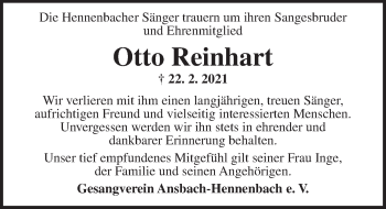 Traueranzeige von Otto Reinhart von Ansbach