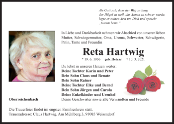 Traueranzeige von Reta Hartwig von Neustadt/ Scheinfeld/ Uffenheim