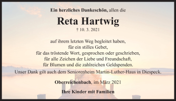 Traueranzeige von Reta Hartwig von Neustadt/ Scheinfeld/ Uffenheim