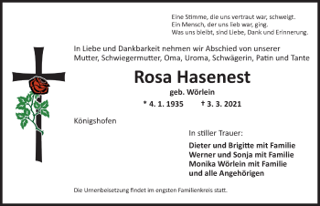 Traueranzeige von Rosa Hasenest von Dinkelsbühl/ Feuchtwangen