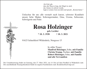 Traueranzeige von Rosa Holzinger von Dinkelsbühl/ Feuchtwangen