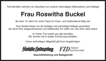 Traueranzeige von Roswitha Buckel von Ansbach