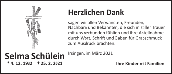 Traueranzeige von Selma Schülein von Dinkelsbühl/ Feuchtwangen