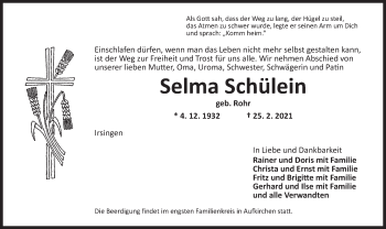 Traueranzeige von Selma Schülein von Dinkelsbühl/ Feuchtwangen