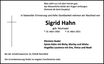 Traueranzeige von Sigrid Hahn von Rothenburg